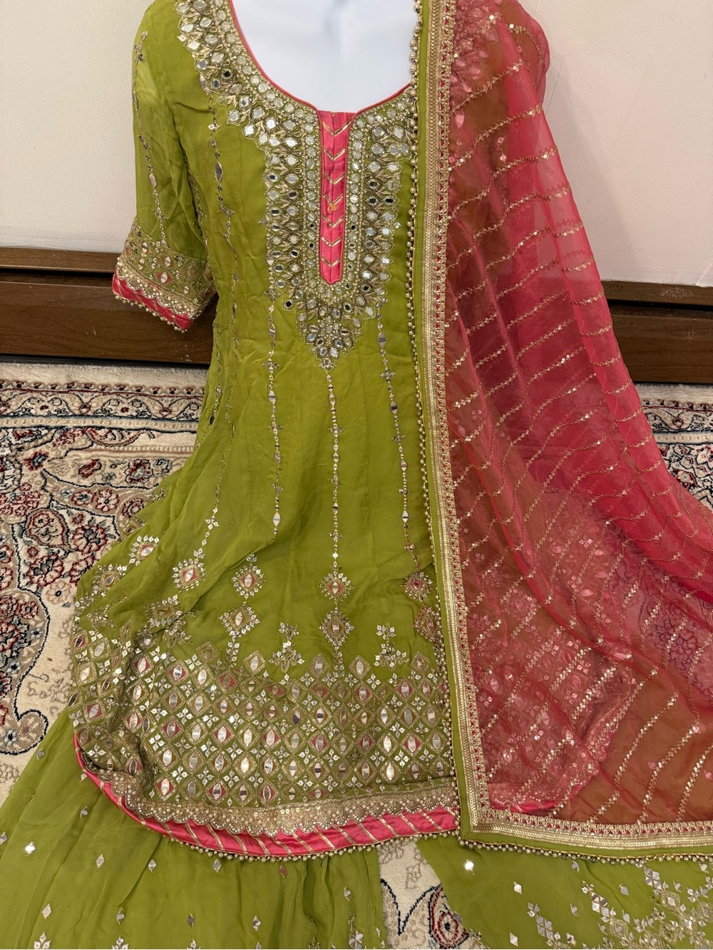 Embroidered Olive Green & Pink Women's Dress with Sheer Pink Dupatta